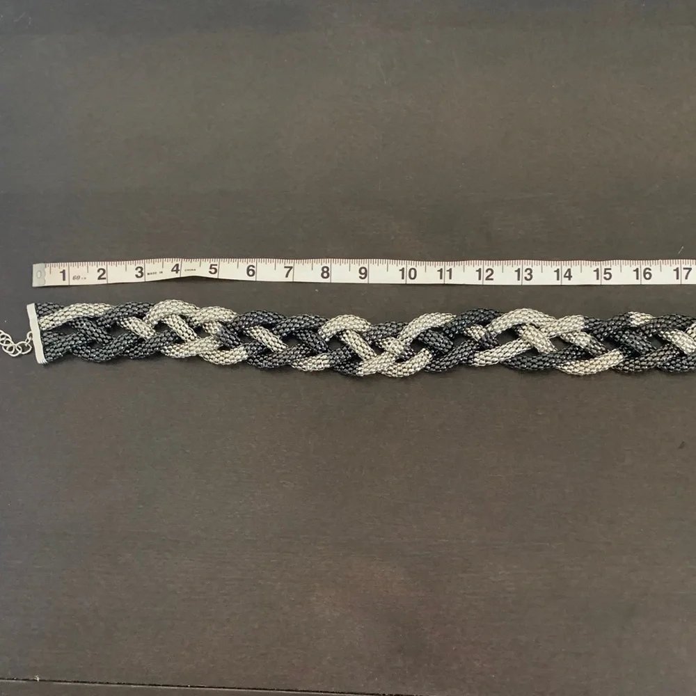 Elegant Black and Silver Braided Chain Belt with extender.